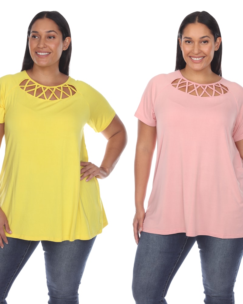 Front of a model wearing a size 1X Essential 2 Pack Light Crisscross Top in Yellow Rose by White Mark. | dia_product_style_image_id:249997